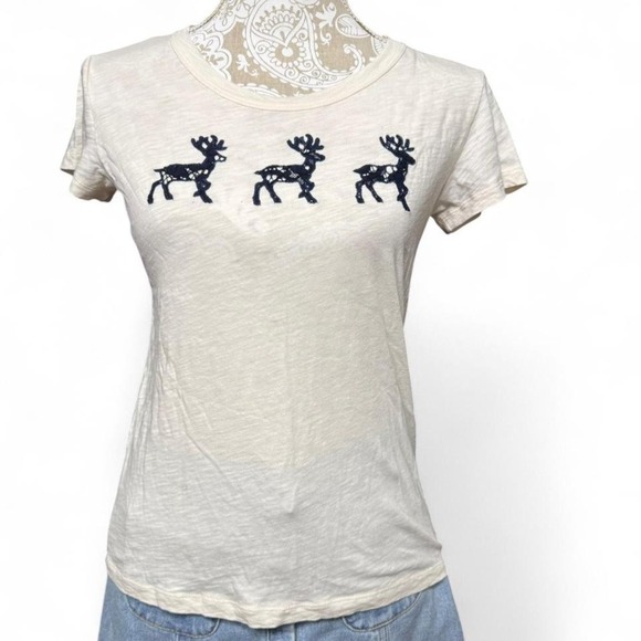 J.Crew Ivory Cotton Embroidered Reindeer Holiday T Shirt Women's Small Festive - Picture 2 of 7